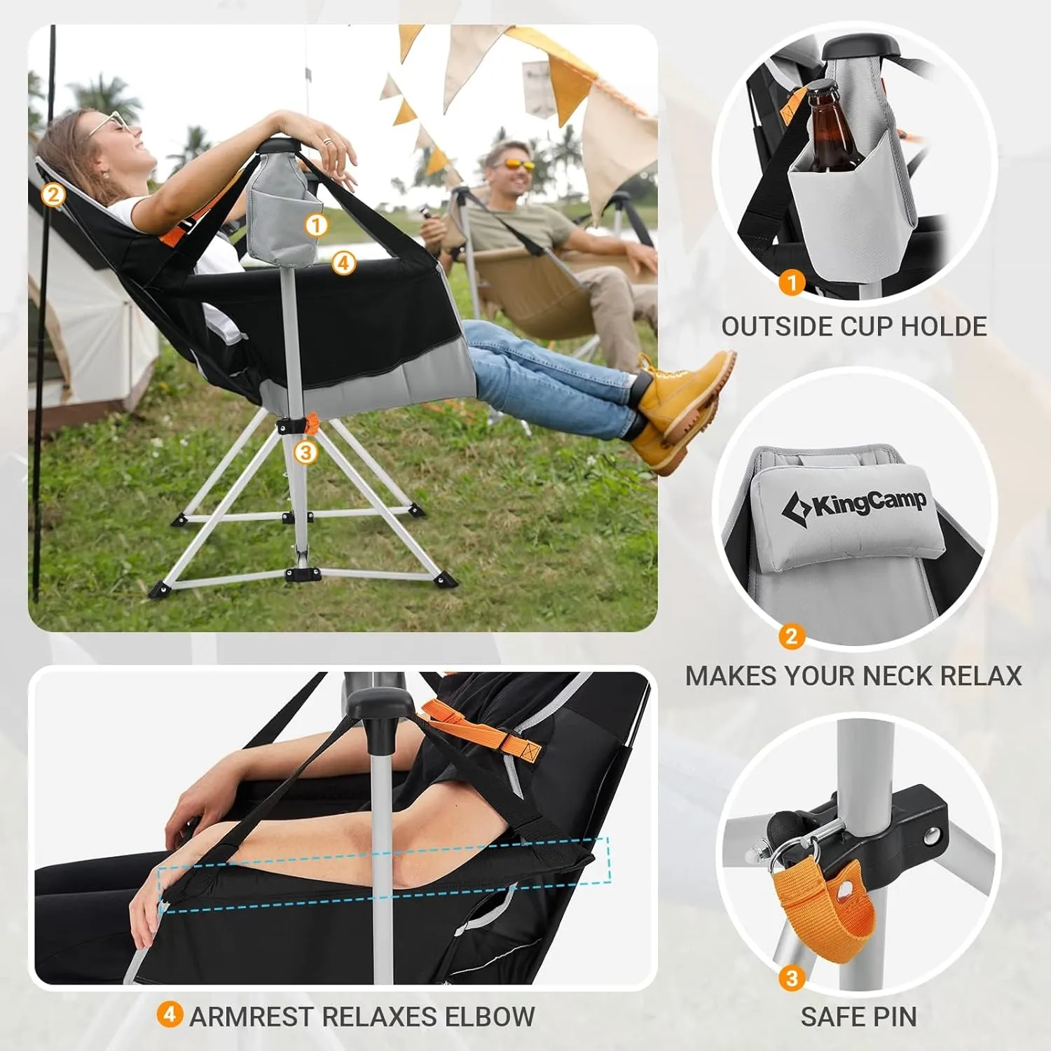 KingCamp Hammock Chair with Footrest, Swinging Portable Folding Camping Chairs for Adults 400lbs Heavy Duty Foldable Oversized Rocker with Cup Holder Pillow for Outdoor Beach Patio Sport Lawn
