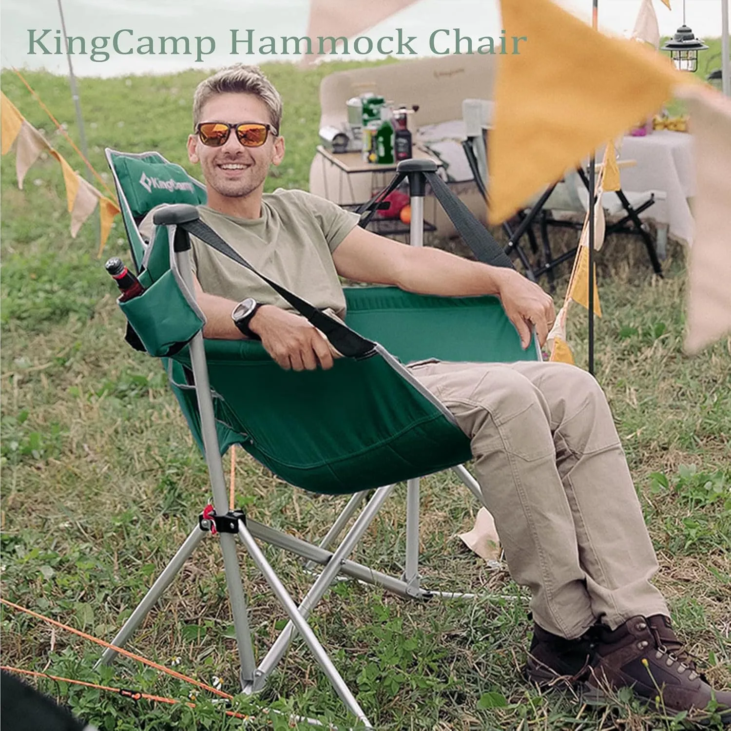 KingCamp Hammock Chair with Footrest, Swinging Portable Folding Camping Chairs for Adults 400lbs Heavy Duty Foldable Oversized Rocker with Cup Holder Pillow for Outdoor Beach Patio Sport Lawn