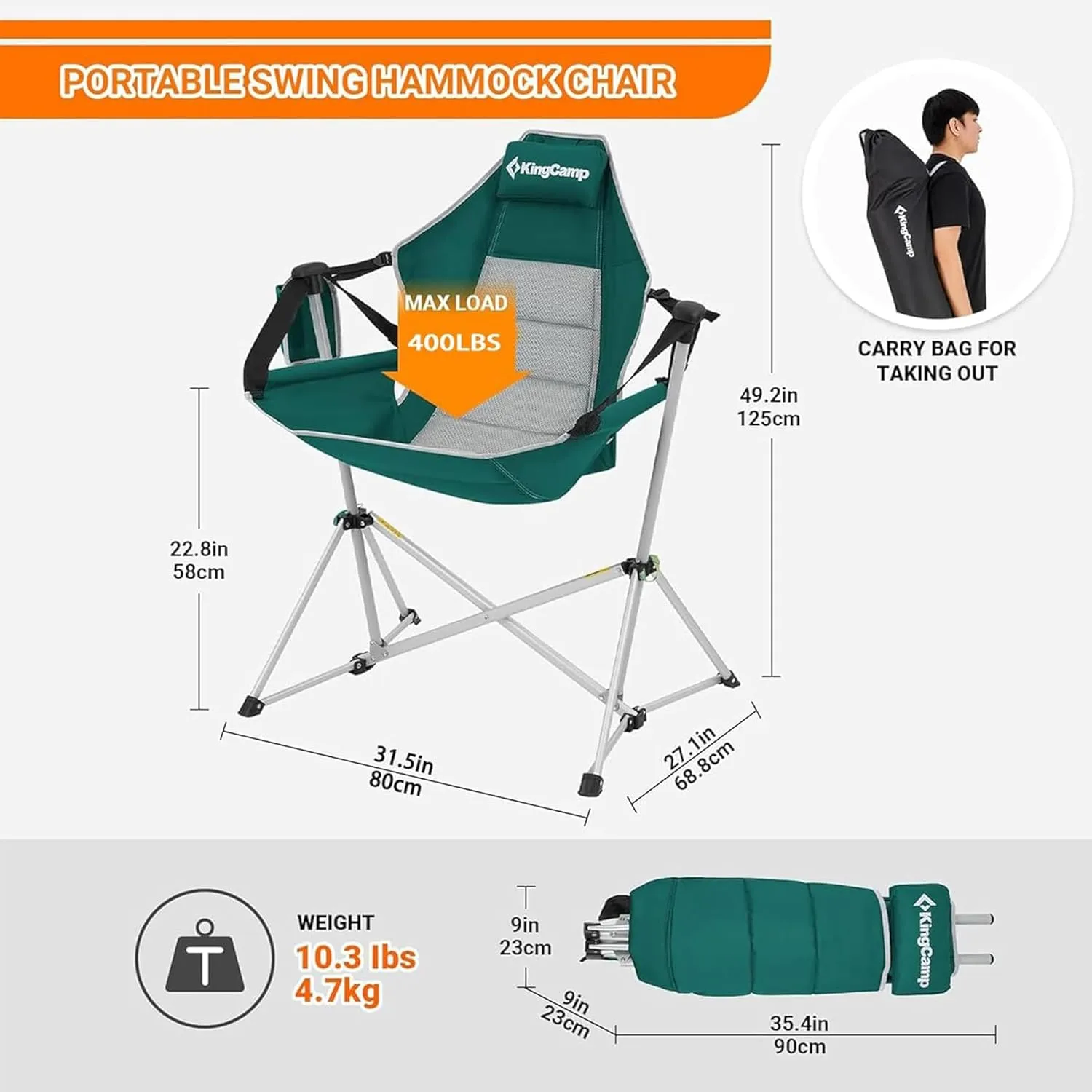 KingCamp Hammock Chair with Footrest, Swinging Portable Folding Camping Chairs for Adults 400lbs Heavy Duty Foldable Oversized Rocker with Cup Holder Pillow for Outdoor Beach Patio Sport Lawn