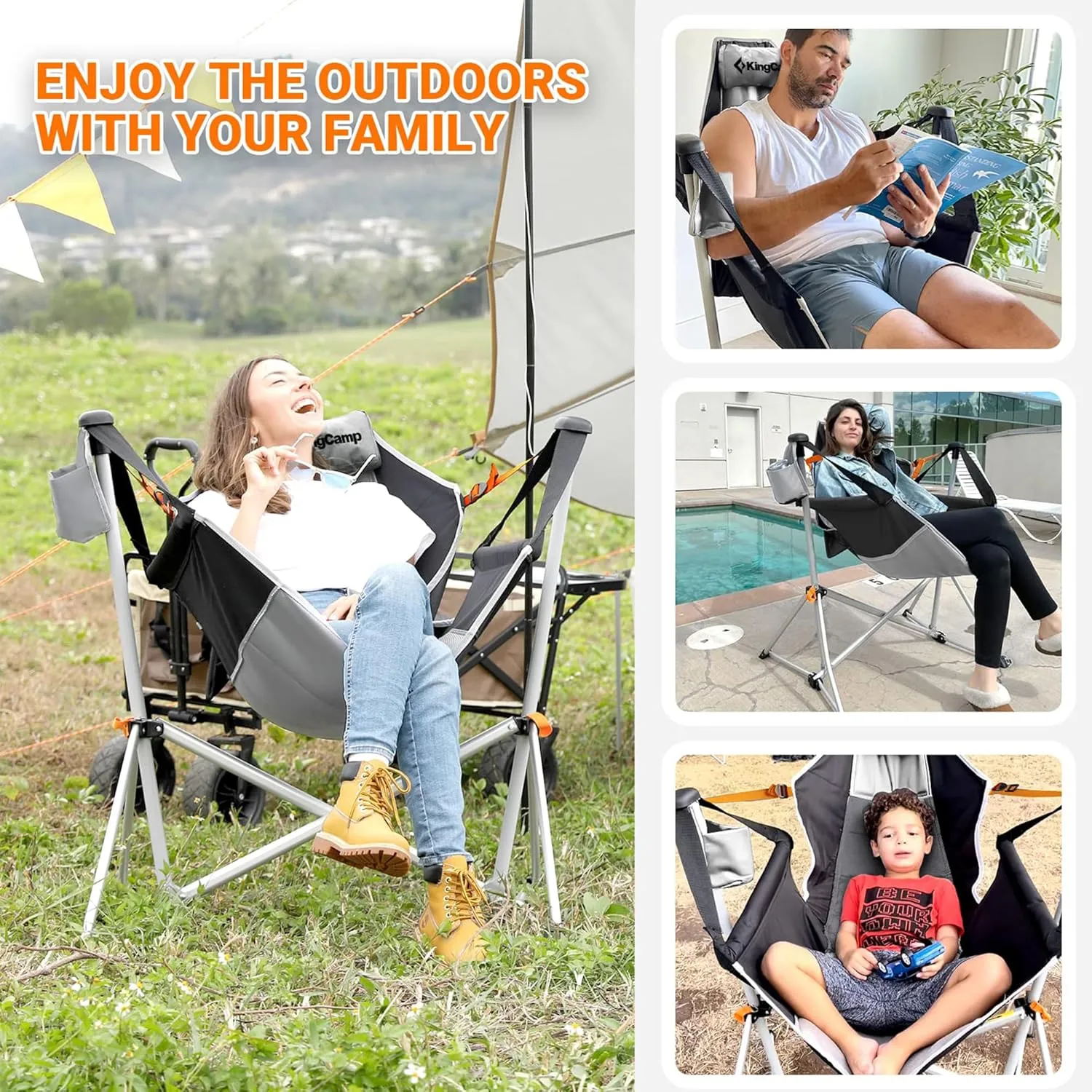 KingCamp Hammock Chair with Footrest, Swinging Portable Folding Camping Chairs for Adults 400lbs Heavy Duty Foldable Oversized Rocker with Cup Holder Pillow for Outdoor Beach Patio Sport Lawn