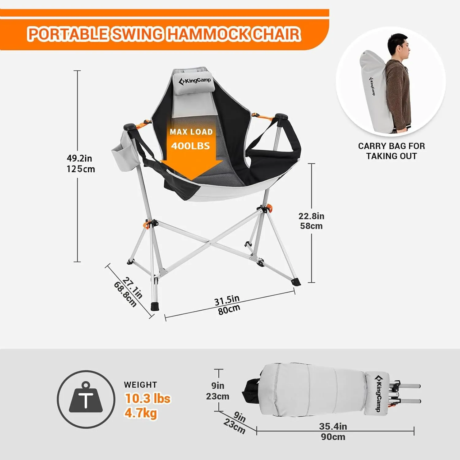 KingCamp Hammock Chair with Footrest, Swinging Portable Folding Camping Chairs for Adults 400lbs Heavy Duty Foldable Oversized Rocker with Cup Holder Pillow for Outdoor Beach Patio Sport Lawn