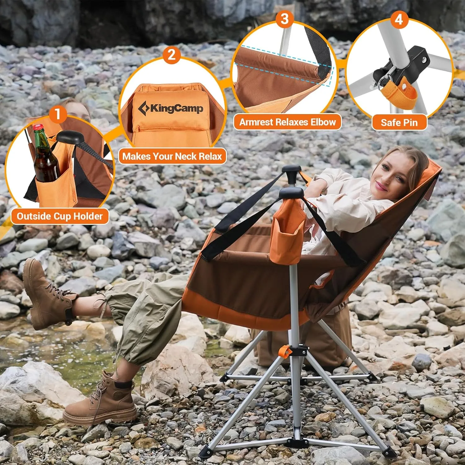 KingCamp Hammock Chair with Footrest, Swinging Portable Folding Camping Chairs for Adults 400lbs Heavy Duty Foldable Oversized Rocker with Cup Holder Pillow for Outdoor Beach Patio Sport Lawn