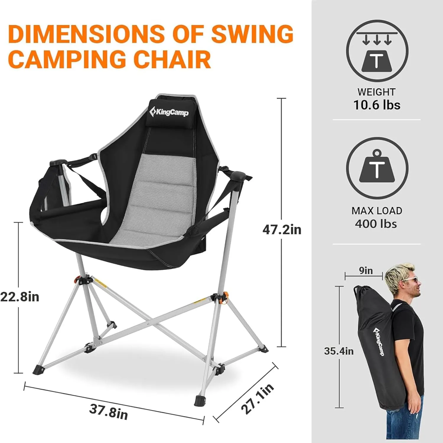 KingCamp Hammock Chair with Footrest, Swinging Portable Folding Camping Chairs for Adults 400lbs Heavy Duty Foldable Oversized Rocker with Cup Holder Pillow for Outdoor Beach Patio Sport Lawn