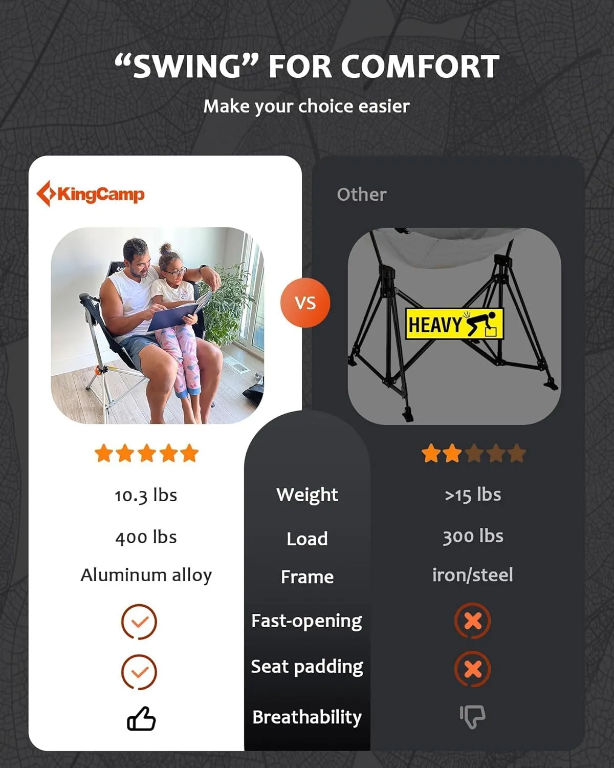 KingCamp Hammock Chair with Footrest, Swinging Portable Folding Camping Chairs for Adults 400lbs Heavy Duty Foldable Oversized Rocker with Cup Holder Pillow for Outdoor Beach Patio Sport Lawn