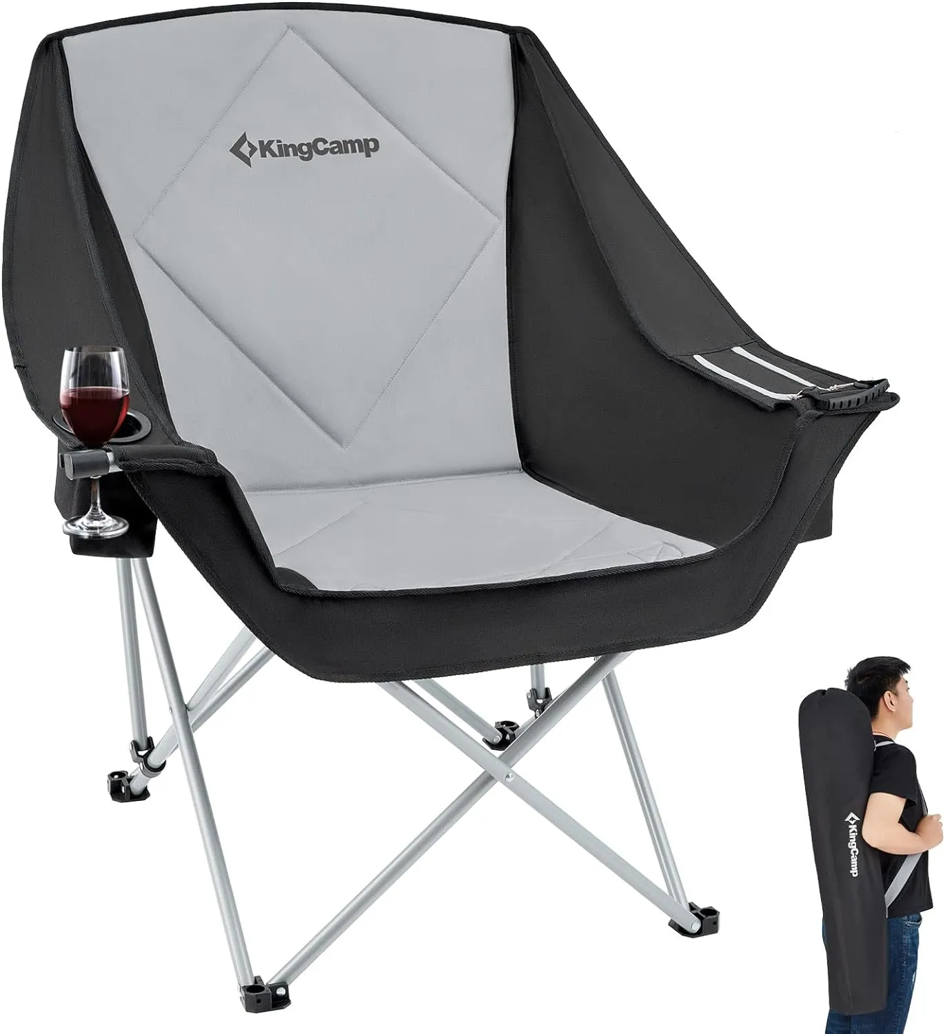 KingCamp Oversized Camping Chair Outdoor Portable Bucket Chair Heavy Duty Extra Large Moon Saucer Folding Chair for Adults, Supports 300lbs with Cooler Bag for Sports, Festival, Lawn