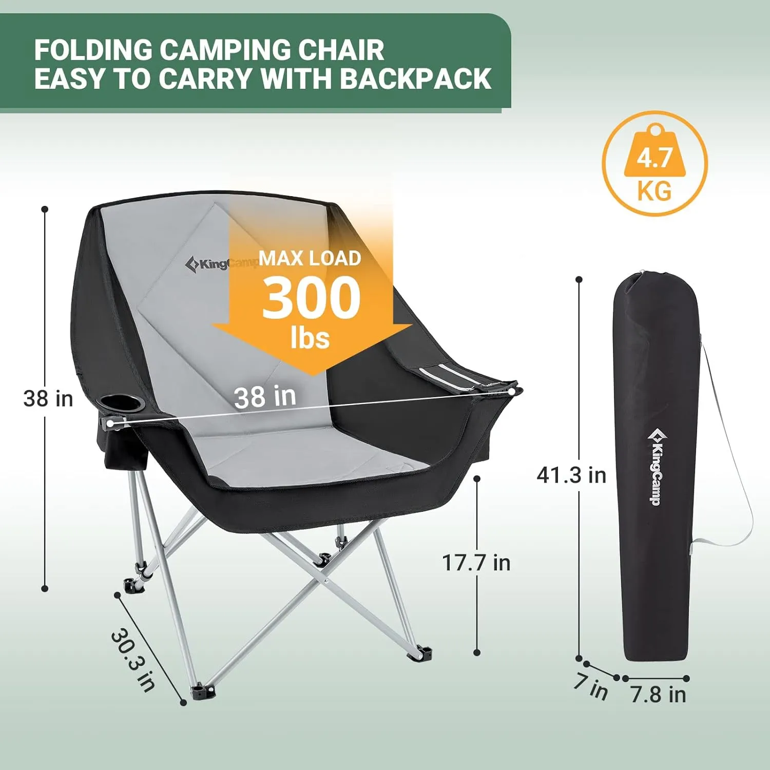 KingCamp Oversized Camping Chair Outdoor Portable Bucket Chair Heavy Duty Extra Large Moon Saucer Folding Chair for Adults, Supports 300lbs with Cooler Bag for Sports, Festival, Lawn