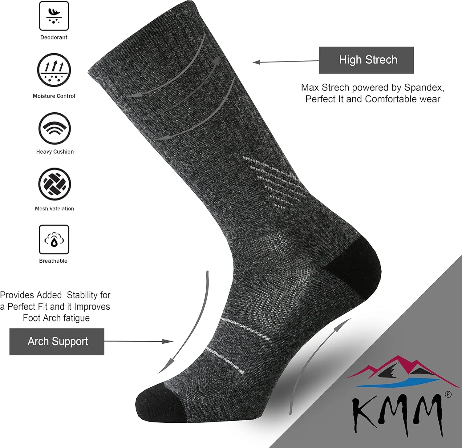 KMM Men's Merino Wool Cushion Crew Socks Moisture Wicking Control Medium Weight Warm for Outdoor Hiking Hike Trail Cycling