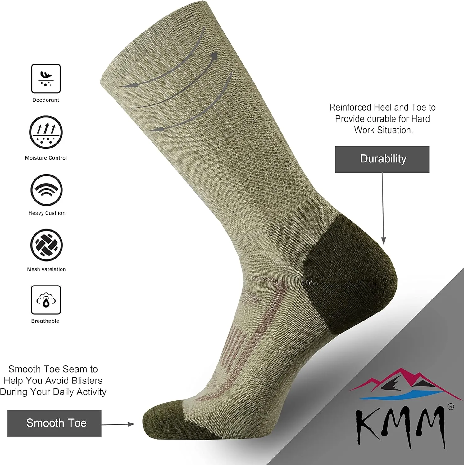 KMM Men's Merino Wool Cushion Crew Socks Moisture Wicking Control Medium Weight Warm for Outdoor Hiking Hike Trail Cycling