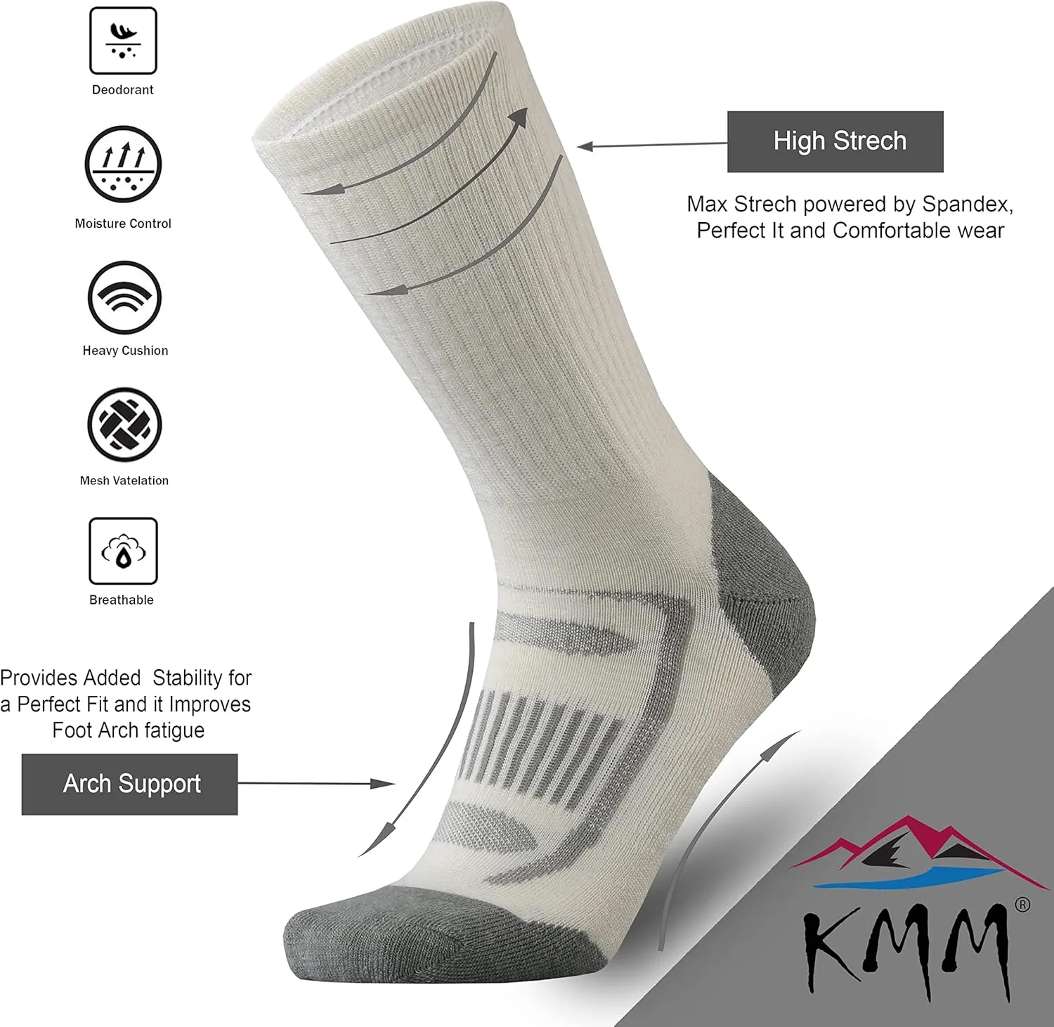 KMM Men's Merino Wool Cushion Crew Socks Moisture Wicking Control Medium Weight Warm for Outdoor Hiking Hike Trail Cycling