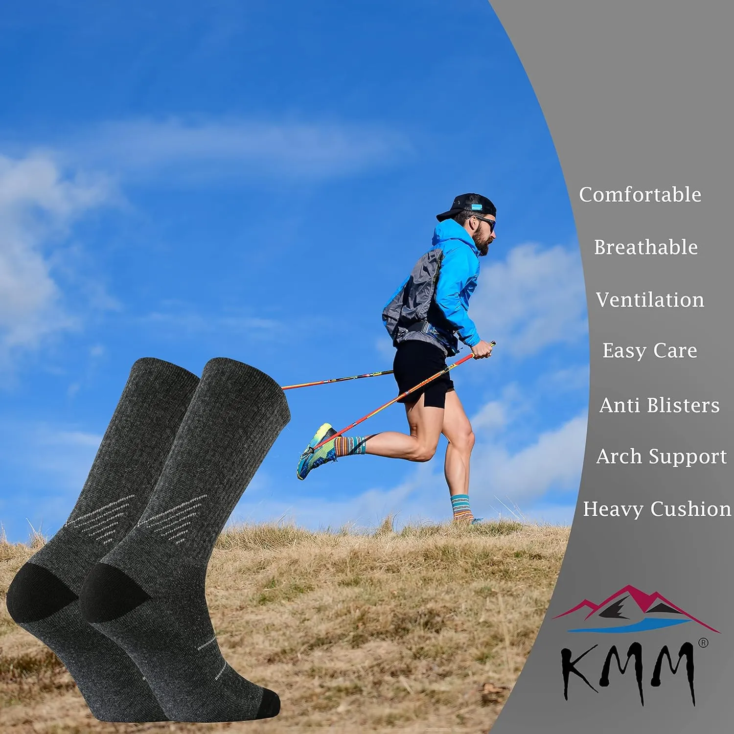 KMM Men's Merino Wool Cushion Crew Socks Moisture Wicking Control Medium Weight Warm for Outdoor Hiking Hike Trail Cycling