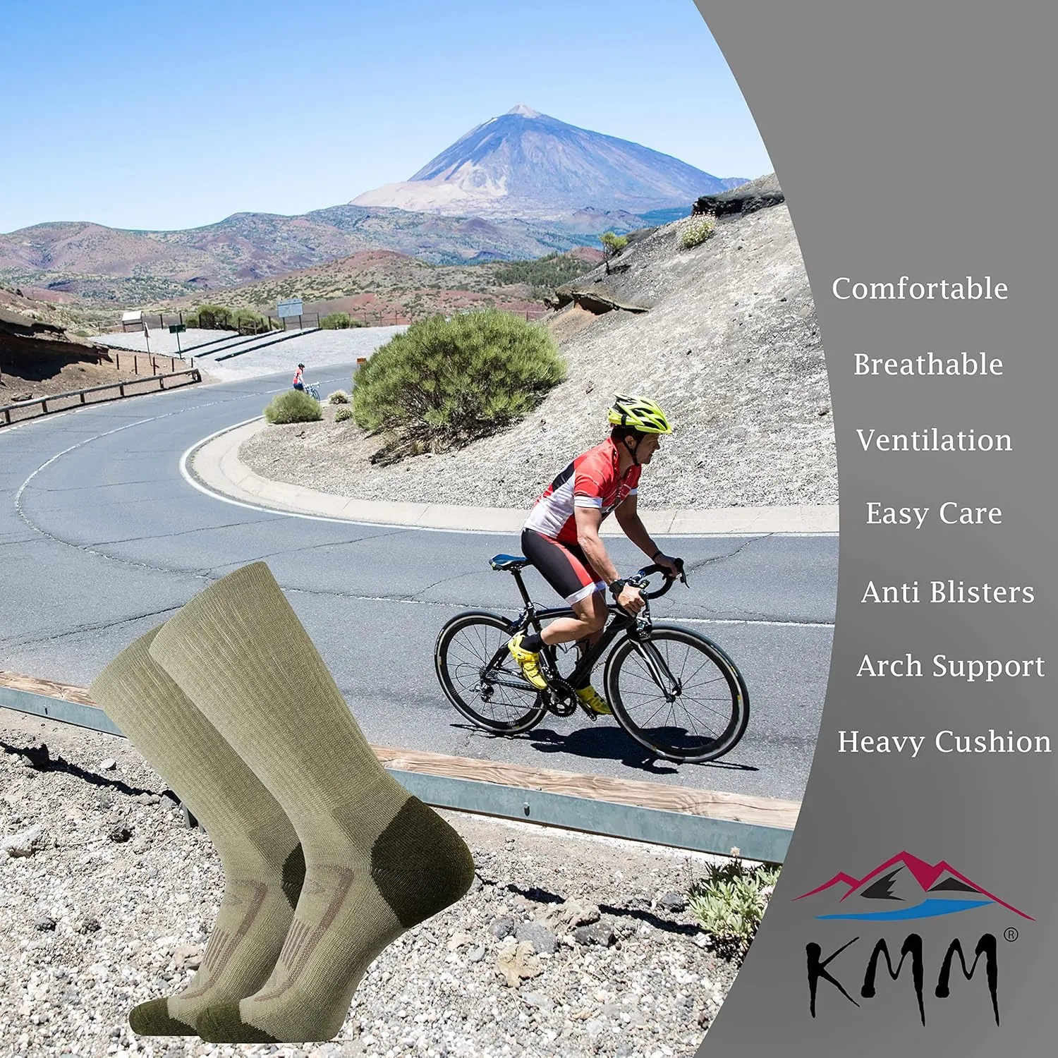 KMM Men's Merino Wool Cushion Crew Socks Moisture Wicking Control Medium Weight Warm for Outdoor Hiking Hike Trail Cycling