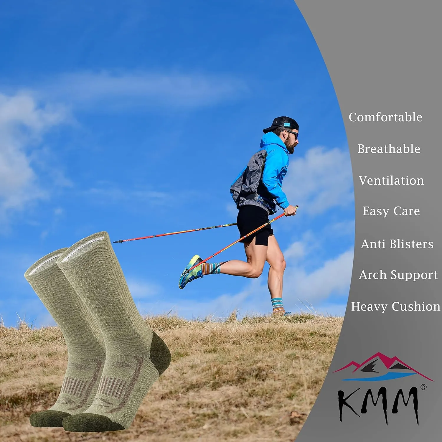 KMM Men's Merino Wool Cushion Crew Socks Moisture Wicking Control Medium Weight Warm for Outdoor Hiking Hike Trail Cycling