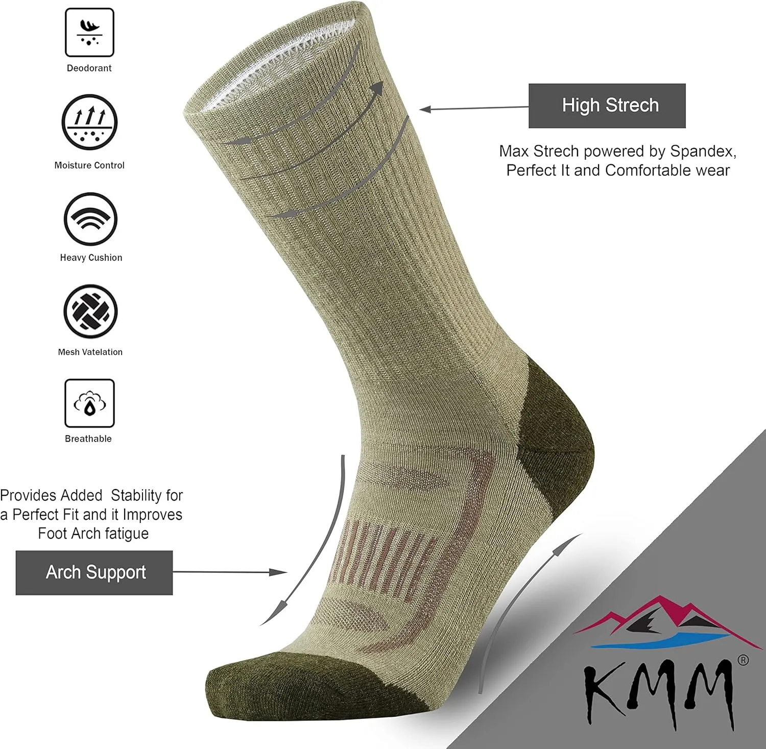 KMM Men's Merino Wool Cushion Crew Socks Moisture Wicking Control Medium Weight Warm for Outdoor Hiking Hike Trail Cycling