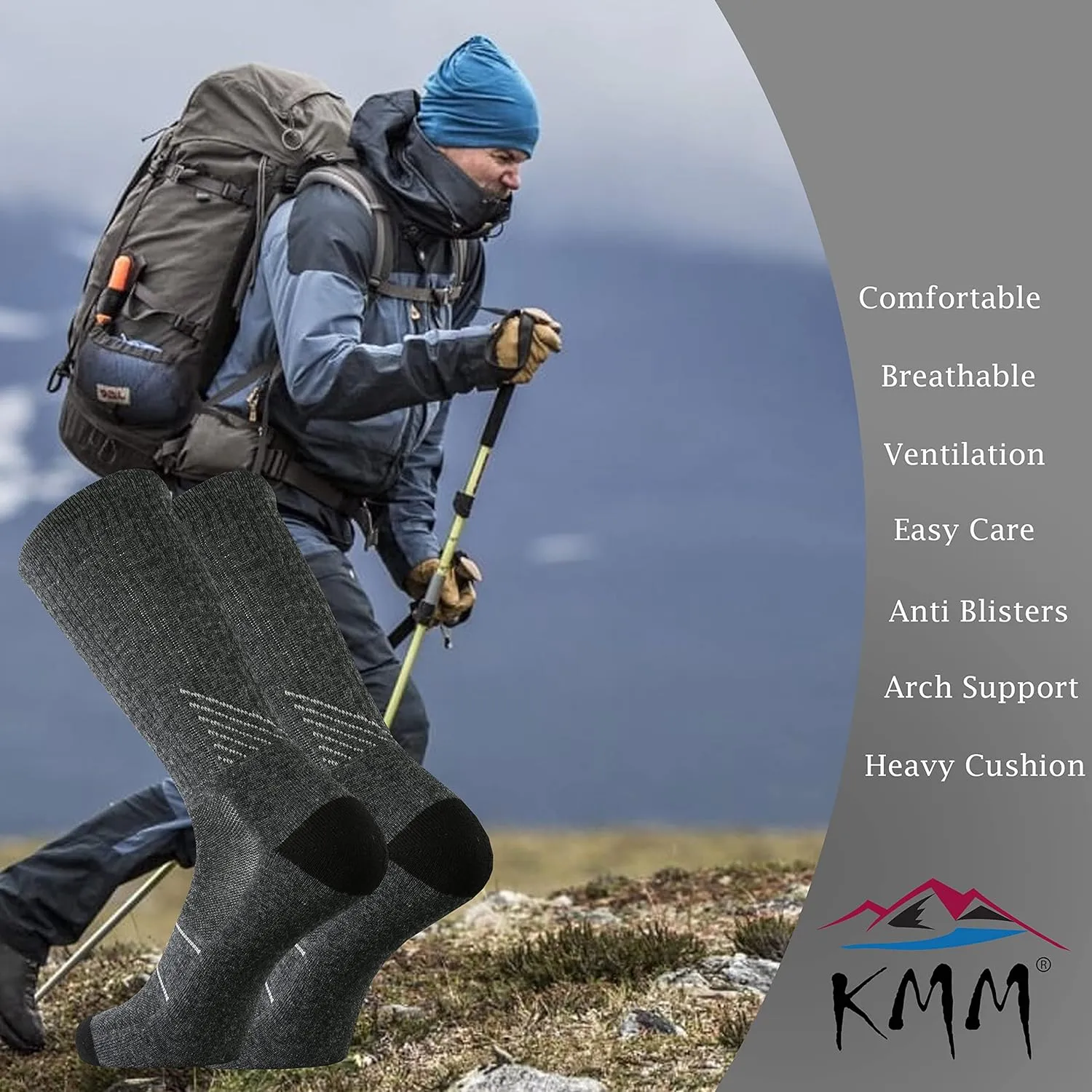 KMM Men's Merino Wool Cushion Crew Socks Moisture Wicking Control Medium Weight Warm for Outdoor Hiking Hike Trail Cycling