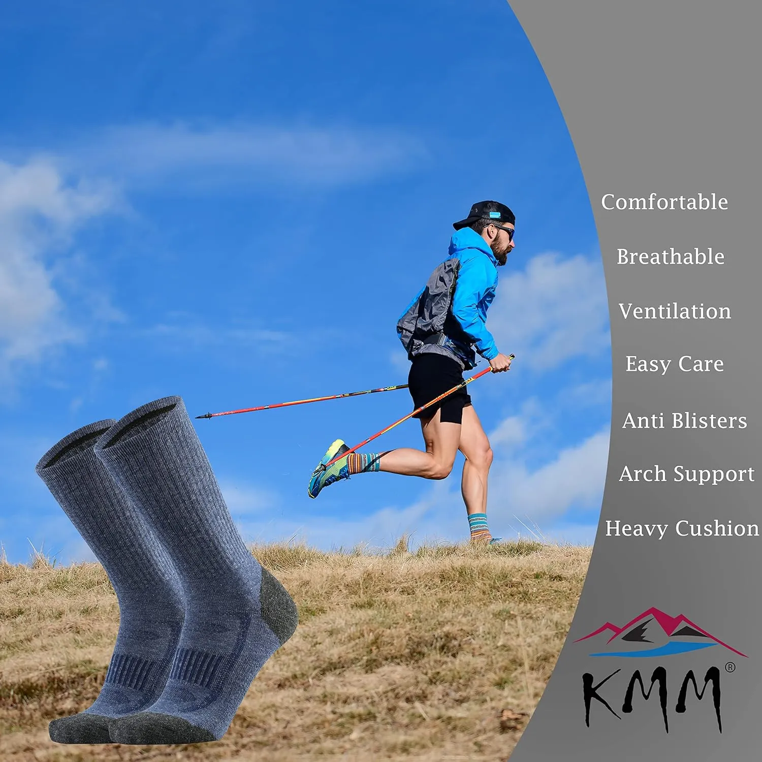 KMM Men's Merino Wool Cushion Crew Socks Moisture Wicking Control Medium Weight Warm for Outdoor Hiking Hike Trail Cycling