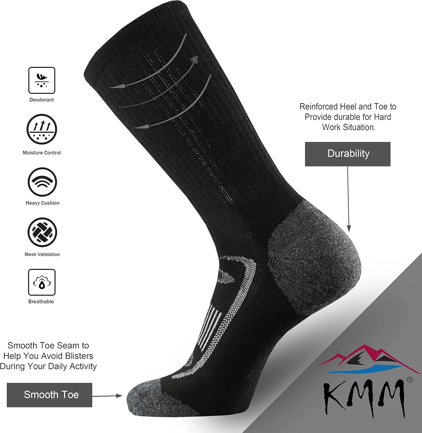 KMM Men's Merino Wool Cushion Crew Socks Moisture Wicking Control Medium Weight Warm for Outdoor Hiking Hike Trail Cycling