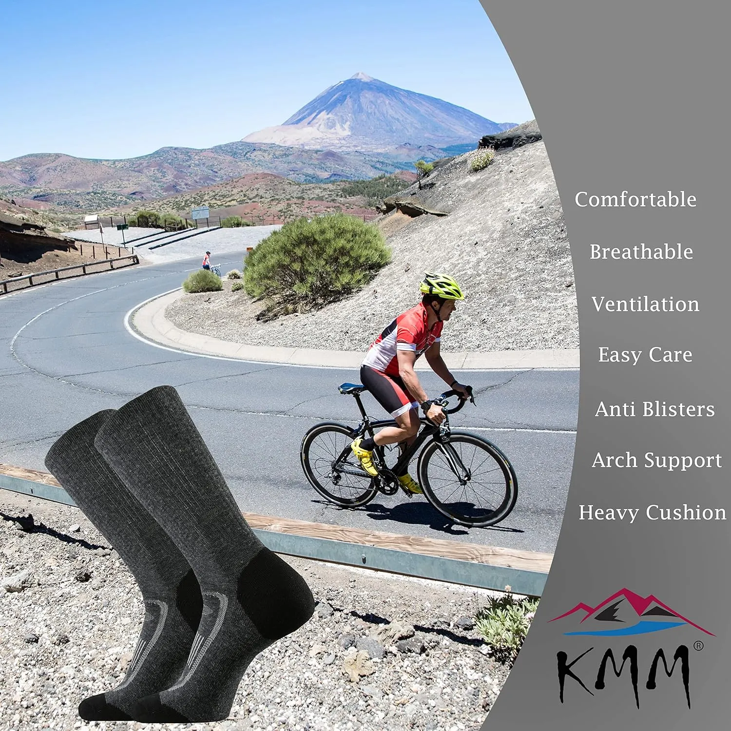 KMM Men's Merino Wool Cushion Crew Socks Moisture Wicking Control Medium Weight Warm for Outdoor Hiking Hike Trail Cycling
