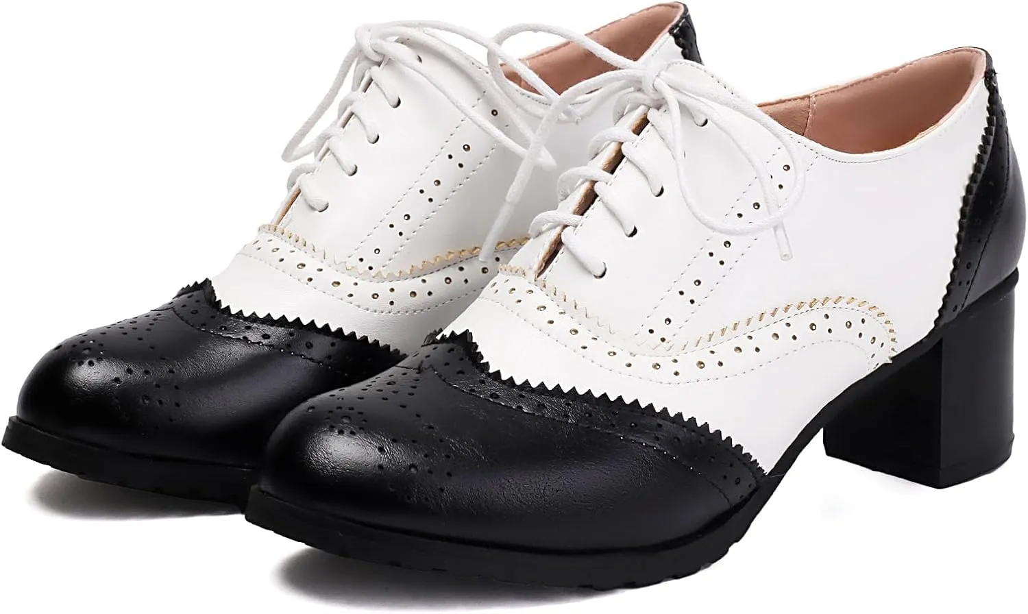 KOKOMOMO Women's Perforated Lace-Up Brogues Chunky Block Heels Wingtip Oxfords Two Tone Saddle British Vintage Derby Shoes