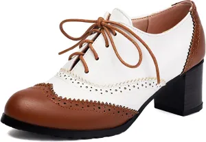 KOKOMOMO Women's Perforated Lace-Up Brogues Chunky Block Heels Wingtip Oxfords Two Tone Saddle British Vintage Derby Shoes