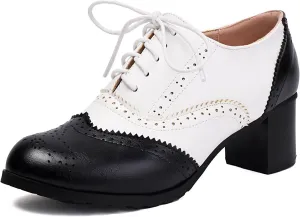 KOKOMOMO Women's Perforated Lace-Up Brogues Chunky Block Heels Wingtip Oxfords Two Tone Saddle British Vintage Derby Shoes