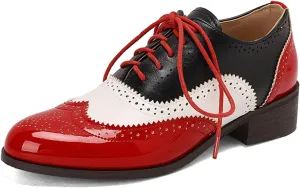 KOKOMOMO Women's Perforated Lace-up Brogues Low Heels Wingtip Multicolor Flat Oxfords Saddle Two Tone British Vintage Derby Shoes