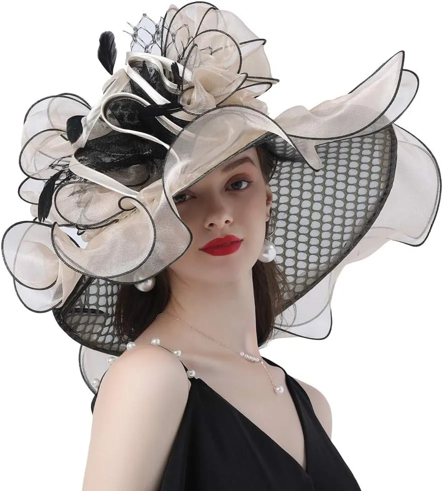 Ladies Sun Hat with Mesh Flower Decoration Wide Brim Hat Occasion Event Organza Fancy Church Dress Hat