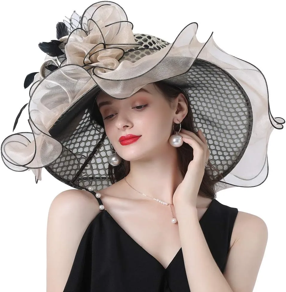 Ladies Sun Hat with Mesh Flower Decoration Wide Brim Hat Occasion Event Organza Fancy Church Dress Hat