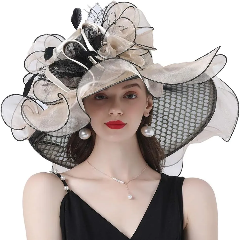 Ladies Sun Hat with Mesh Flower Decoration Wide Brim Hat Occasion Event Organza Fancy Church Dress Hat