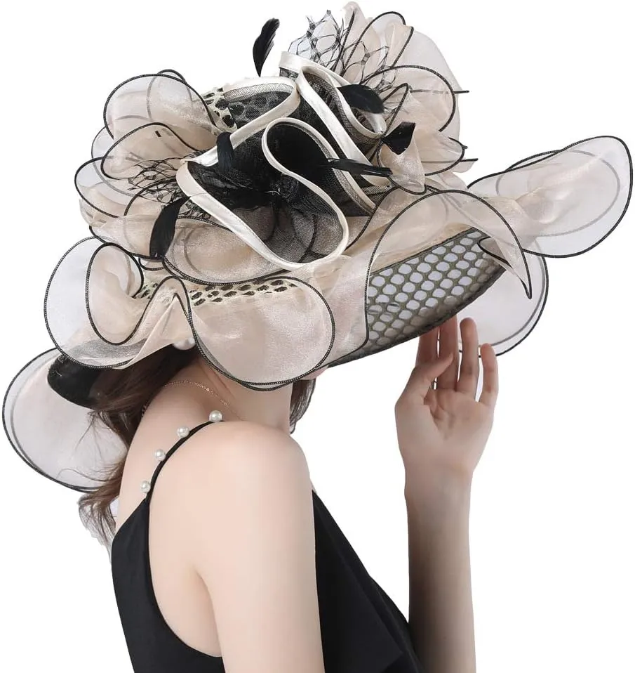 Ladies Sun Hat with Mesh Flower Decoration Wide Brim Hat Occasion Event Organza Fancy Church Dress Hat