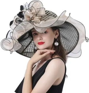 Ladies Sun Hat with Mesh Flower Decoration Wide Brim Hat Occasion Event Organza Fancy Church Dress Hat