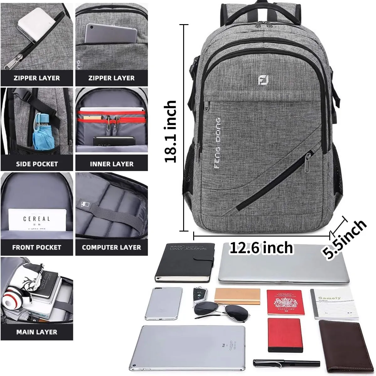 Large Laptop Backpack 17.3 inch Durable Waterproof Travel College Backpack Bookbag for Men & Women Business Backpack with USB Charging Port and Headset Port Dark Gray