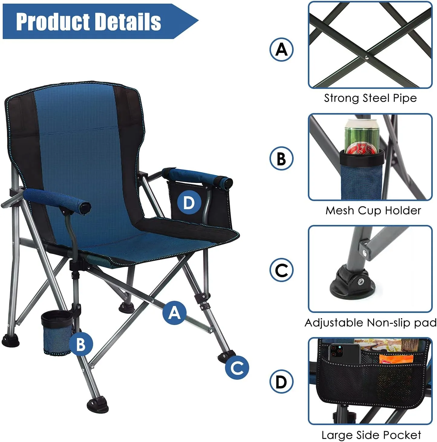 LEADALLWAY Folding Camping Chair Oversized Collapsible Camp Chair with Cup Holder and Removable Storage Bag, Heavy Duty Support 350 LBS, Portable Lawn Chair for Outdoor Camp, Picnic, Travel, Fishing