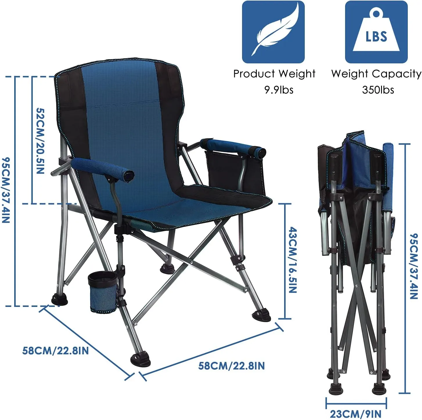 LEADALLWAY Folding Camping Chair Oversized Collapsible Camp Chair with Cup Holder and Removable Storage Bag, Heavy Duty Support 350 LBS, Portable Lawn Chair for Outdoor Camp, Picnic, Travel, Fishing