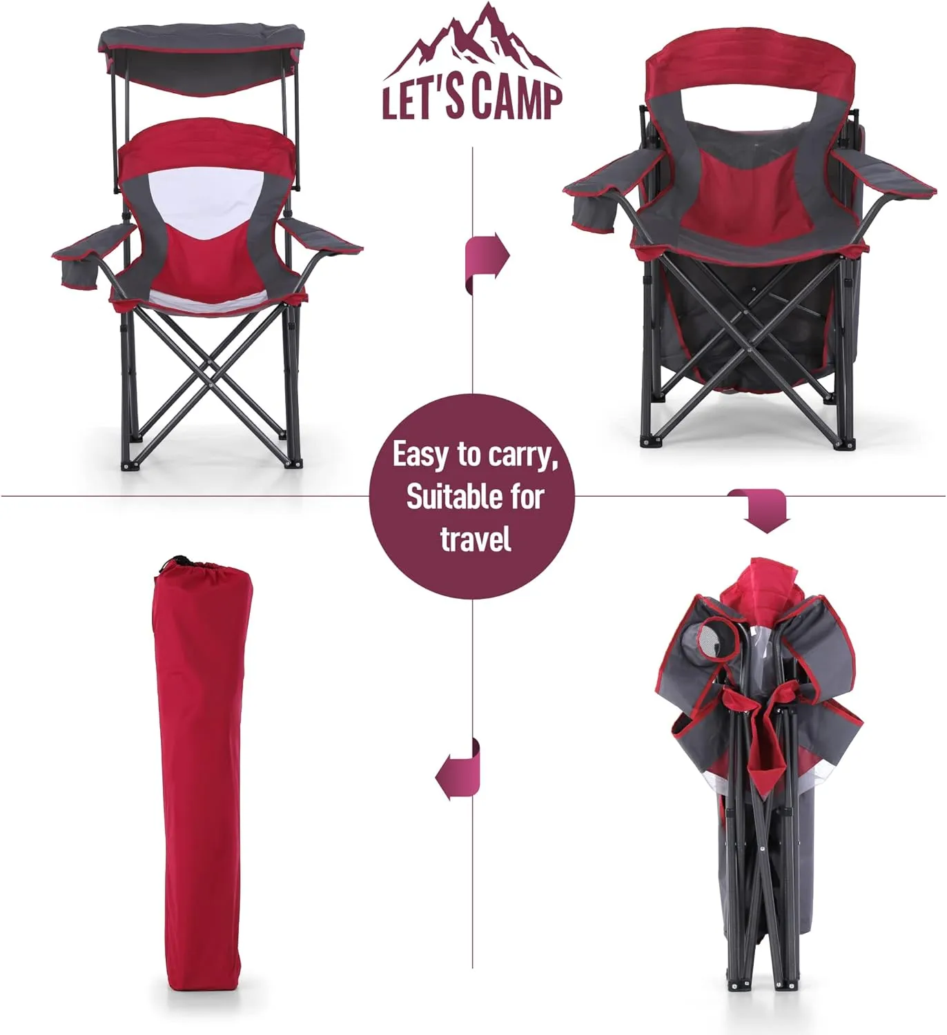 LET'S CAMP Camp Chair with Shade Canopy Folding Camping Chair with Cup Holder and Carry Bag for Outdoor Camping Hiking Beach, Heavy Duty 350 LBS
