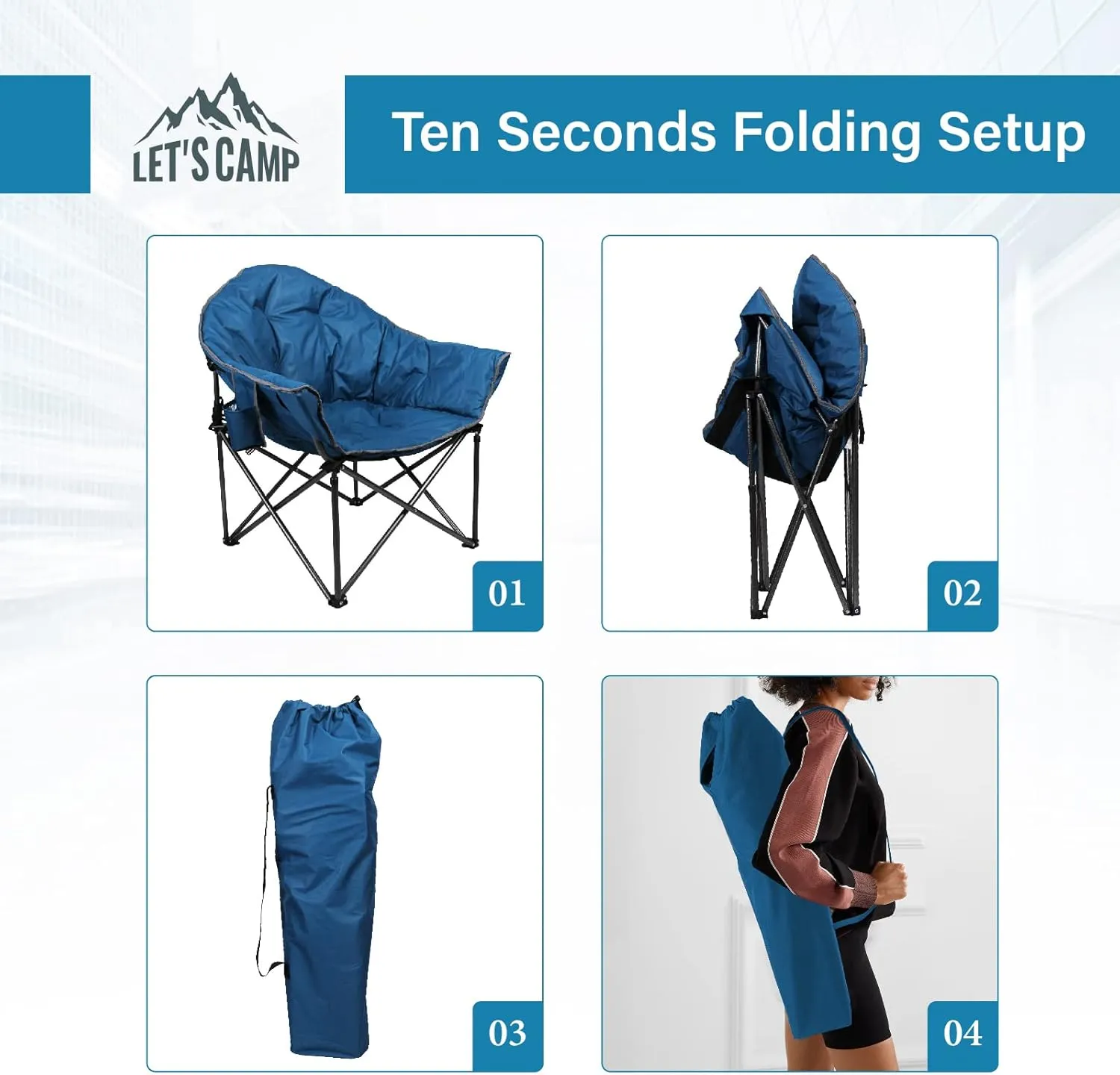 LET'S CAMP Heavy-Duty Oversize Camping Chair Round Moon Saucer Chair Padded with Cup Holder and Carry Bag Folding Chair,2 Pack,Navy