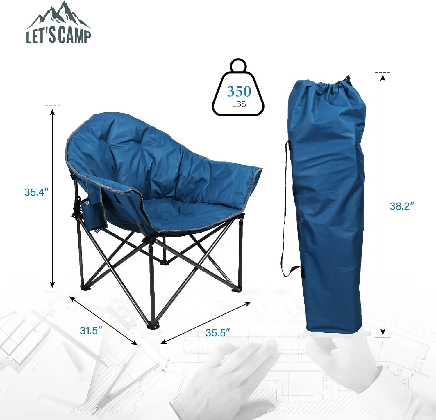 LET'S CAMP Heavy-Duty Oversize Camping Chair Round Moon Saucer Chair Padded with Cup Holder and Carry Bag Folding Chair,2 Pack,Navy
