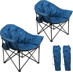 LET'S CAMP Heavy-Duty Oversize Camping Chair Round Moon Saucer Chair Padded with Cup Holder and Carry Bag Folding Chair,2 Pack,Navy