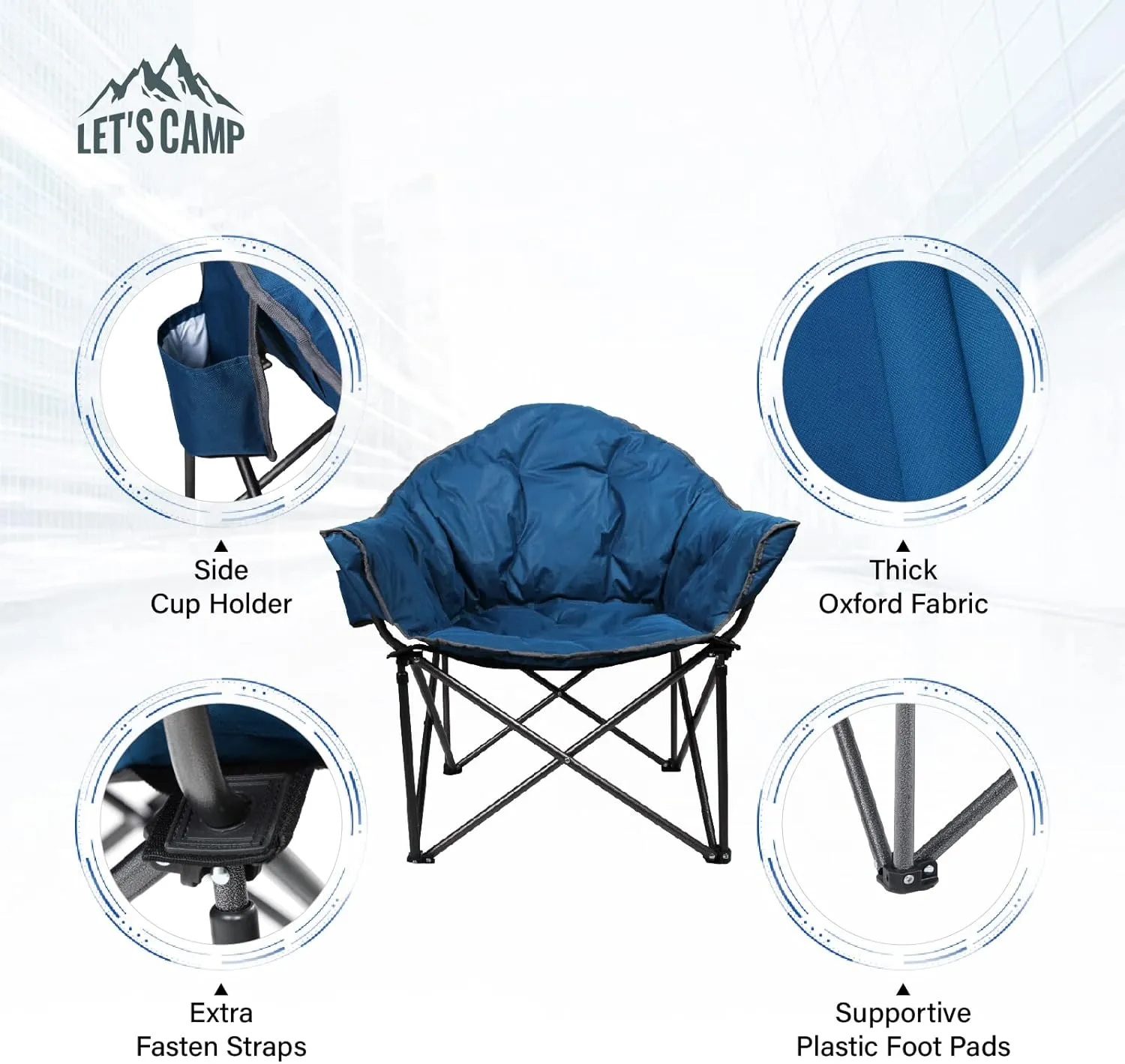 LET'S CAMP Heavy-Duty Oversize Camping Chair Round Moon Saucer Chair Padded with Cup Holder and Carry Bag Folding Chair,2 Pack,Navy