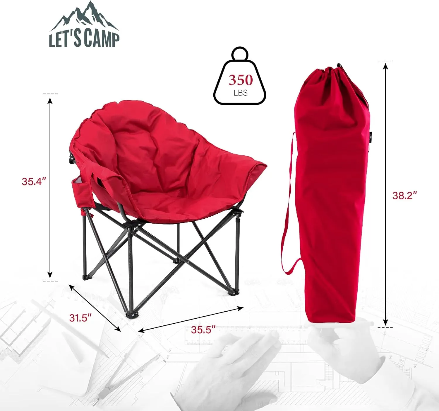 LET'S CAMP Heavy-Duty Oversize Camping Chair Round Moon Saucer Chair Padded with Cup Holder and Carry Bag Folding Chair,2 Pack,Red