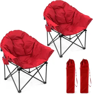 LET'S CAMP Heavy-Duty Oversize Camping Chair Round Moon Saucer Chair Padded with Cup Holder and Carry Bag Folding Chair,2 Pack,Red