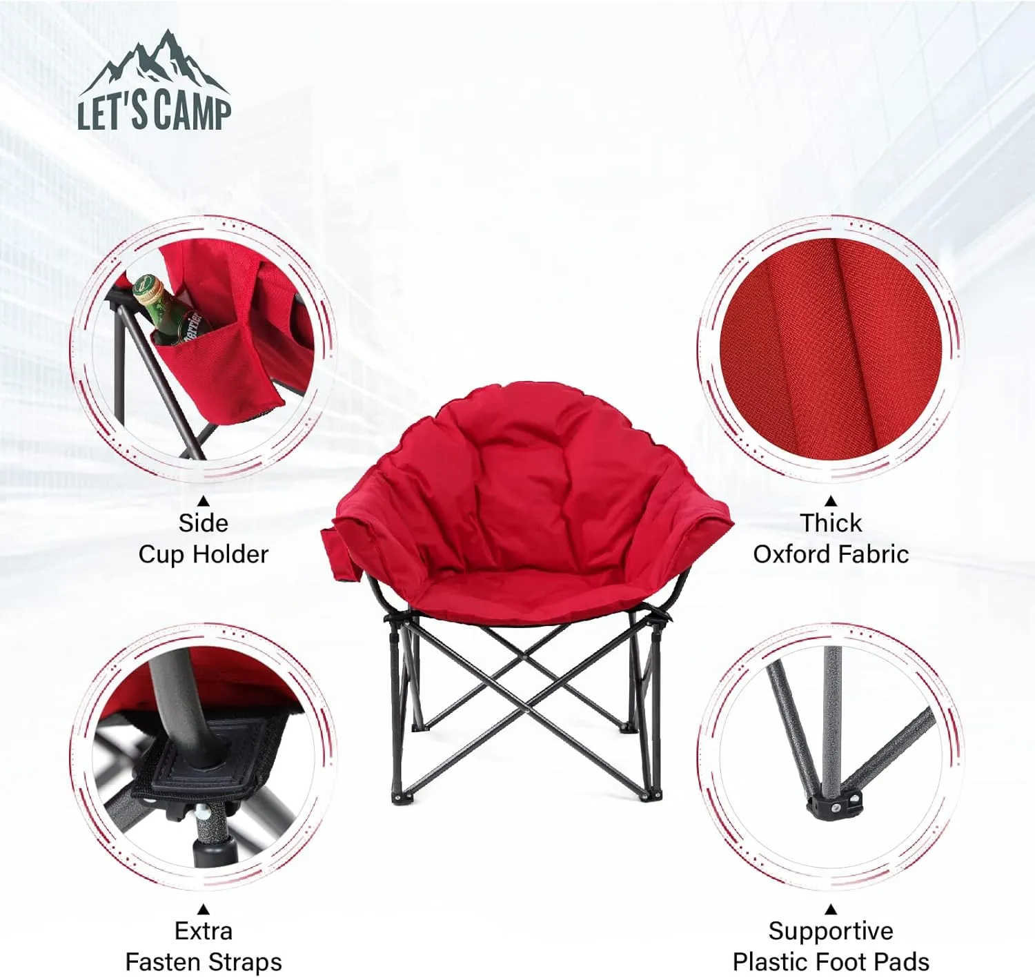 LET'S CAMP Heavy-Duty Oversize Camping Chair Round Moon Saucer Chair Padded with Cup Holder and Carry Bag Folding Chair,2 Pack,Red