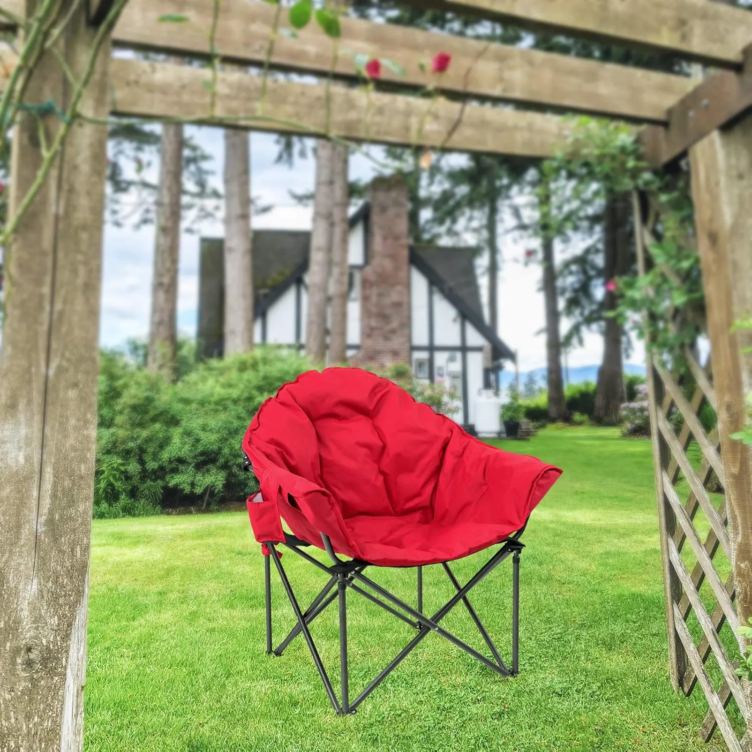 LET'S CAMP Heavy-Duty Oversize Camping Chair Round Moon Saucer Chair Padded with Cup Holder and Carry Bag Folding Chair,2 Pack,Red