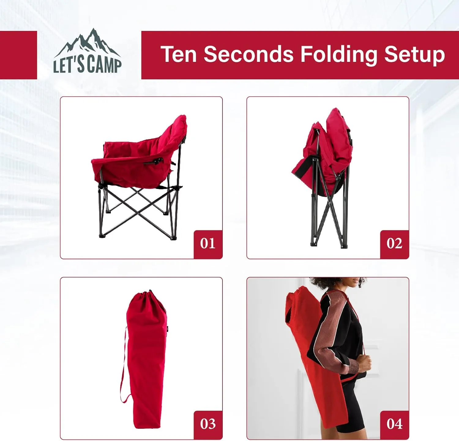 LET'S CAMP Heavy-Duty Oversize Camping Chair Round Moon Saucer Chair Padded with Cup Holder and Carry Bag Folding Chair,2 Pack,Red