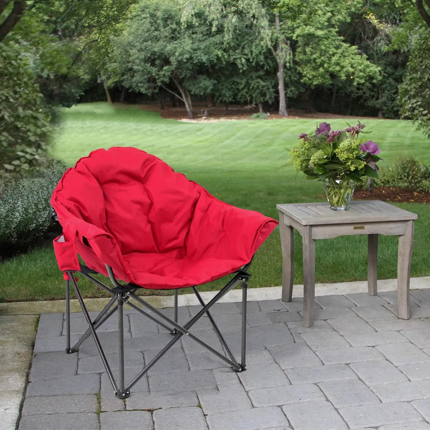 LET'S CAMP Heavy-Duty Oversize Camping Chair Round Moon Saucer Chair Padded with Cup Holder and Carry Bag Folding Chair,2 Pack,Red