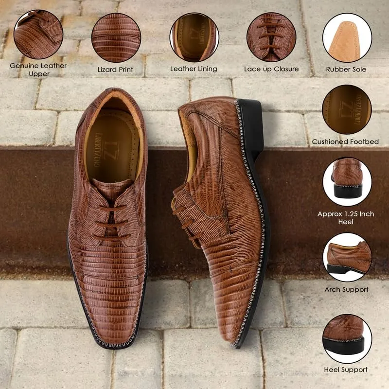 LIBERTYZENO Mens Lizard Print Genuine Leather Adults Lace Up Oxford Dress Shoes for Easter Gift