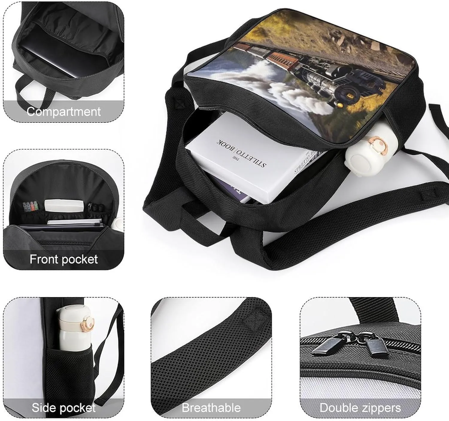 Lightweight Backpacks Cute Travel Bag Durable Steam Motor Train Printing Small Travel Backpack For Women & Men