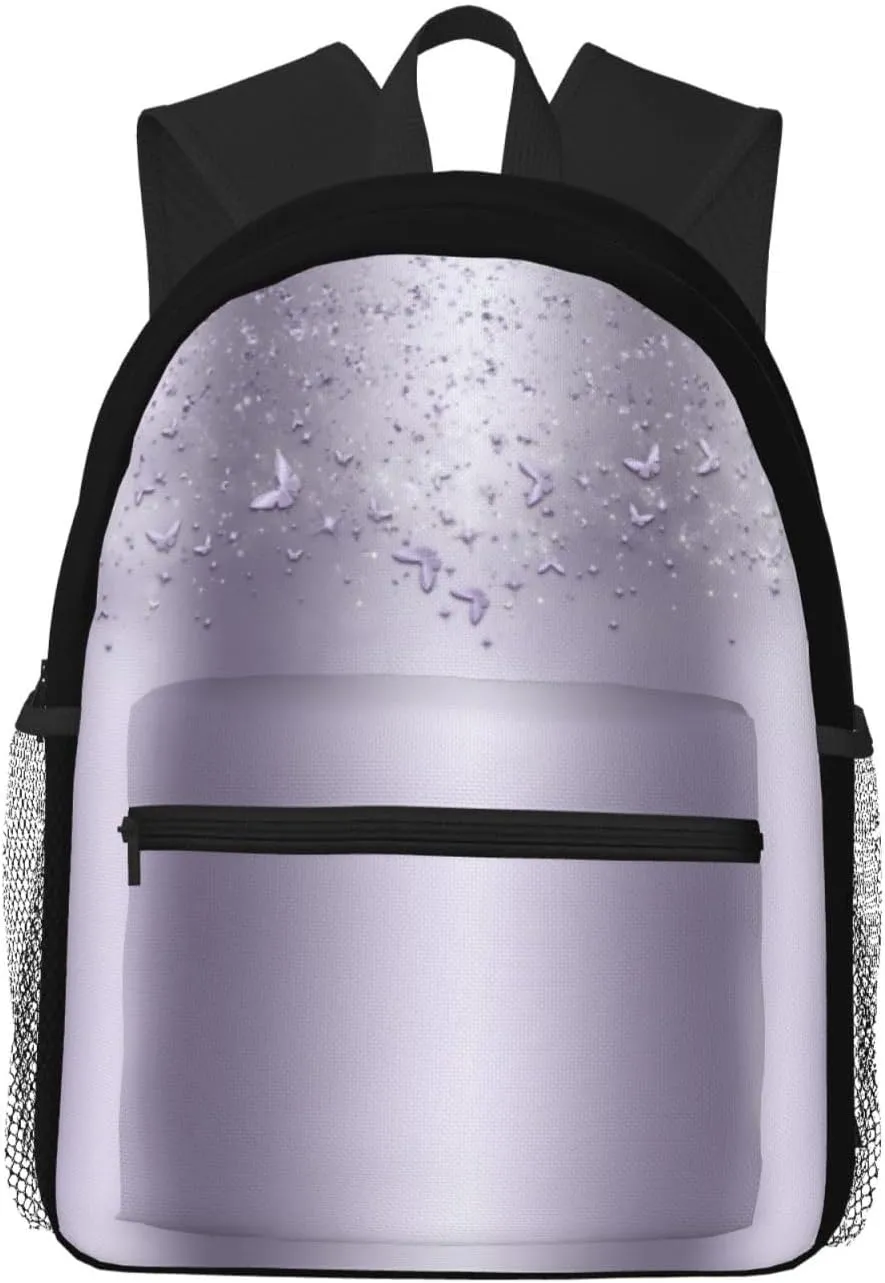 Lilac Shimmer Sparkle Flutter Butterfly Casual Backpack – Lightweight Travel Daypack, Multi-Pocket Laptop Hiking Bag, Durable Polyester Pack For Outdoor Camping Cycling
