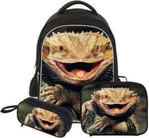 Lizard Backpack Lunch Tote Bag Pencil Case Children School Bag Set Durable Bookbag Cooler Bag