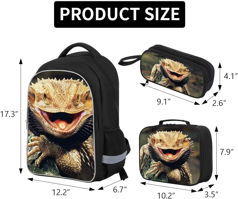 Lizard Backpack Lunch Tote Bag Pencil Case Children School Bag Set Durable Bookbag Cooler Bag