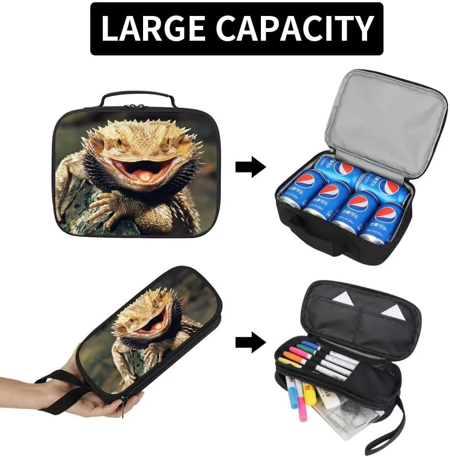 Lizard Backpack Lunch Tote Bag Pencil Case Children School Bag Set Durable Bookbag Cooler Bag